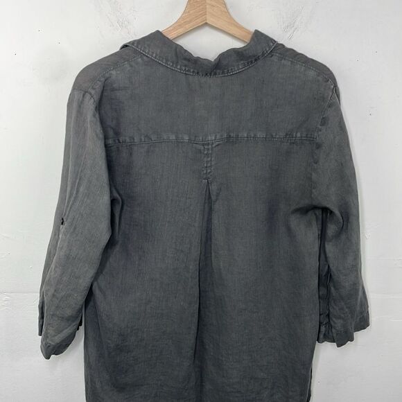 Side Stitch Linen Popover Tunic Top Blue Roll Tab Sleeve Pocket Collar Small - Picture 8 of 15